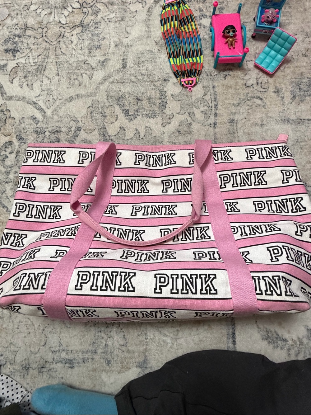 PINK Victoria's Secret Signature Striped Canvas Tote Bag in Pink & White